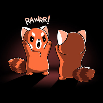 Premium Cotton T-shirt_Teeturtle Rawrr! black t-shirt featuring red pandas standing facing each other, with one raising its paws and saying "RAWRR!" in a playful manner. 