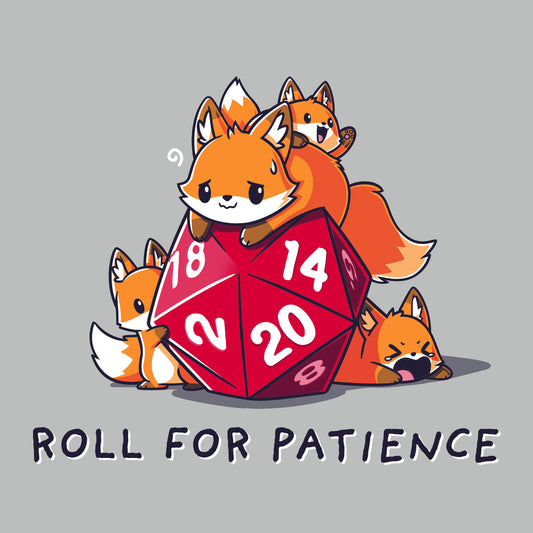 Premium Cotton T-shirt_TeeTurtle Roll for Patience silver gray t-shirt featuring one large orange fox looking worn out and three smaller foxes playing around a red 20-sided tabletop gaming die with 