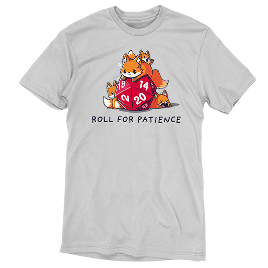 Premium Cotton T-shirt_TeeTurtle Roll for Patience silver gray t-shirt featuring one large orange fox looking worn out and three smaller foxes playing around a red 20-sided tabletop gaming die with 