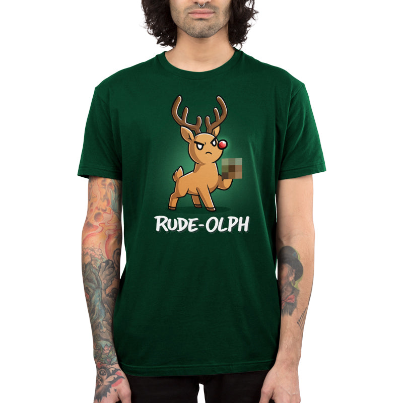 Premium Cotton T-shirt_TeeTurtle forest green Rude-Olph apparel featuring an angry reindeer with a red nose with a censored hoof up in the air.