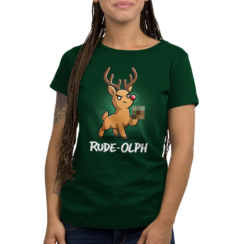 Premium Cotton T-shirt_TeeTurtle forest green Rude-Olph apparel featuring an angry reindeer with a red nose with a censored hoof up in the air.