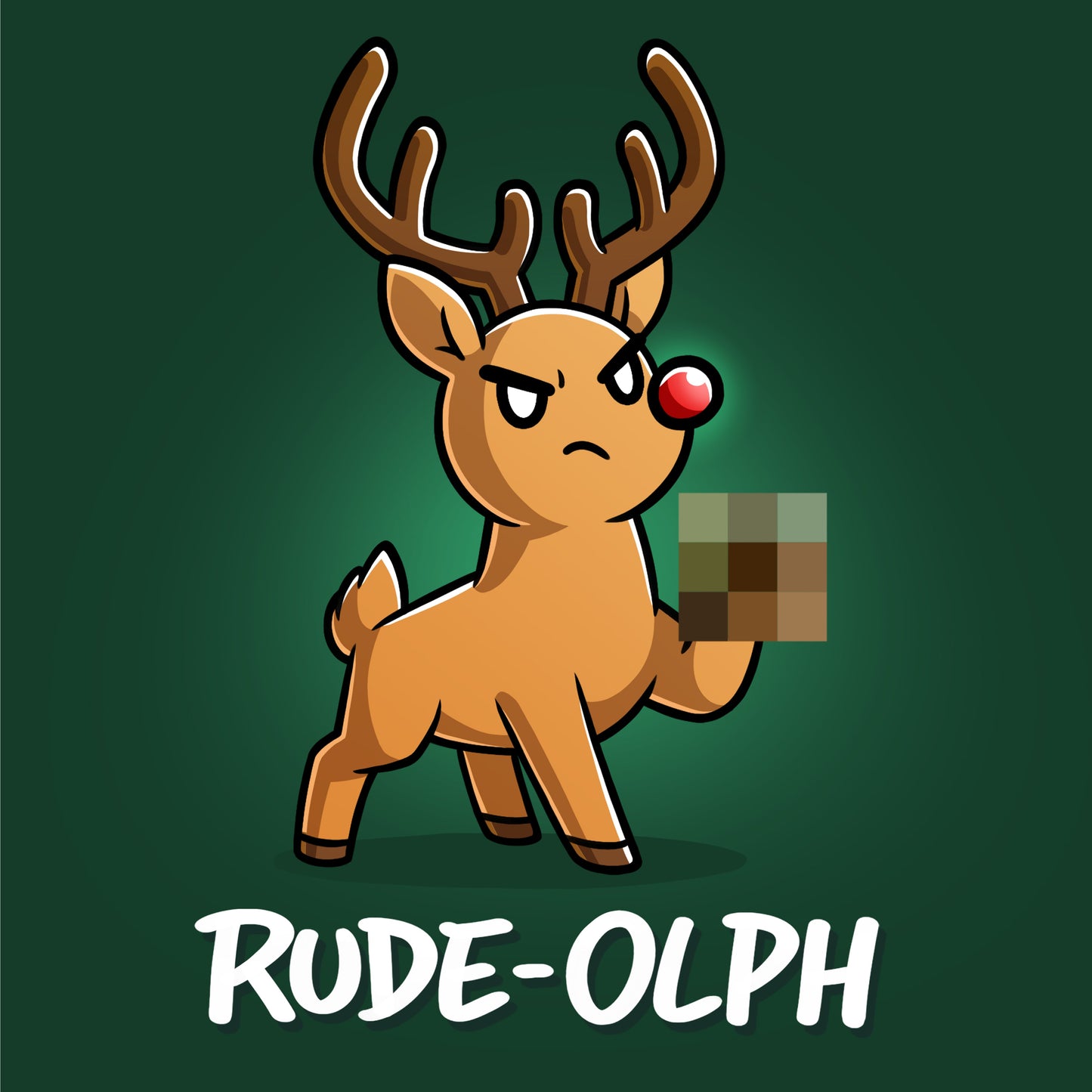 Premium Cotton T-shirt_TeeTurtle forest green Rude-Olph apparel featuring an angry reindeer with a red nose with a censored hoof up in the air.