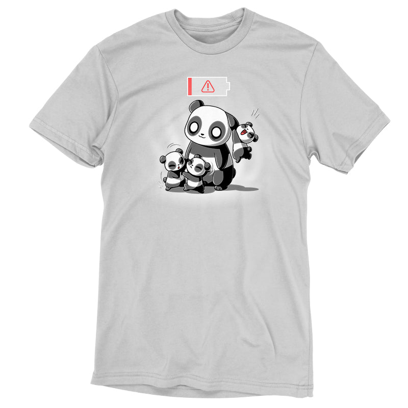 Premium Cotton T-shirt_TeeTurtle Running on Empty silver gray t-shirt featuring a cartoon of a parent panda with two cubs fighting in front of the parent and one cub hanging from the parent's ear with a low battery icon overhead.