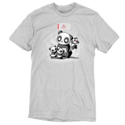 Premium Cotton T-shirt_TeeTurtle Running on Empty silver gray t-shirt featuring a cartoon of a parent panda with two cubs fighting in front of the parent and one cub hanging from the parent's ear with a low battery icon overhead.