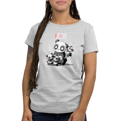 Premium Cotton T-shirt_TeeTurtle Running on Empty silver gray t-shirt featuring a cartoon of a parent panda with two cubs fighting in front of the parent and one cub hanging from the parent's ear with a low battery icon overhead.