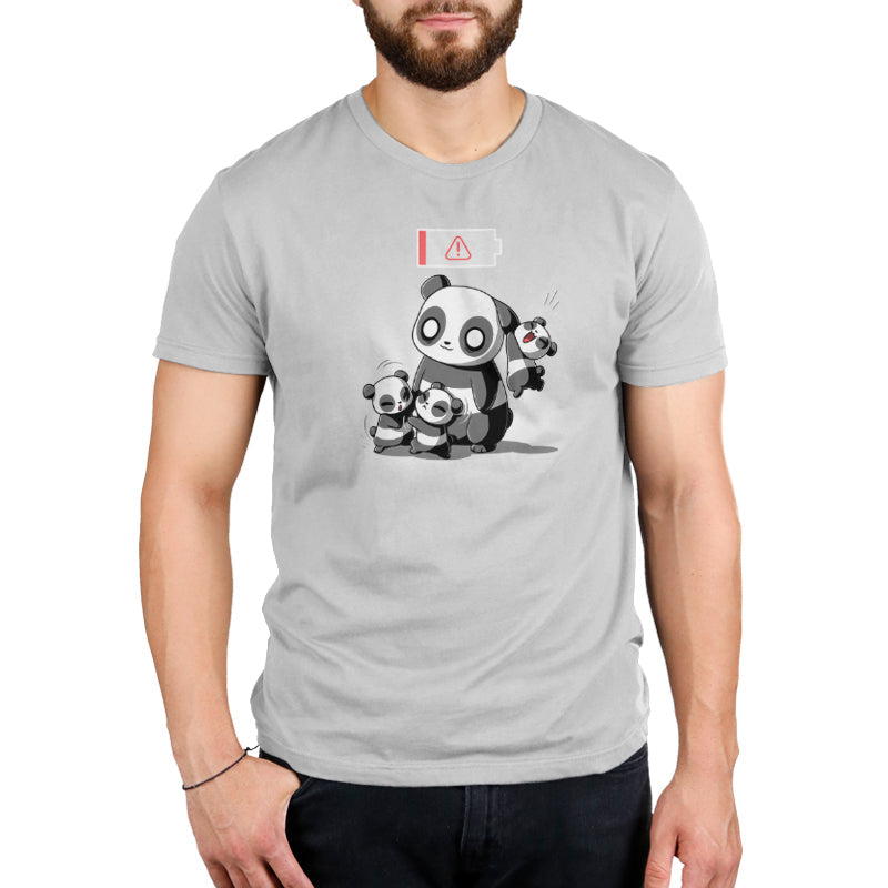 Premium Cotton T-shirt_TeeTurtle Running on Empty silver gray t-shirt featuring a cartoon of a parent panda with two cubs fighting in front of the parent and one cub hanging from the parent's ear with a low battery icon overhead.