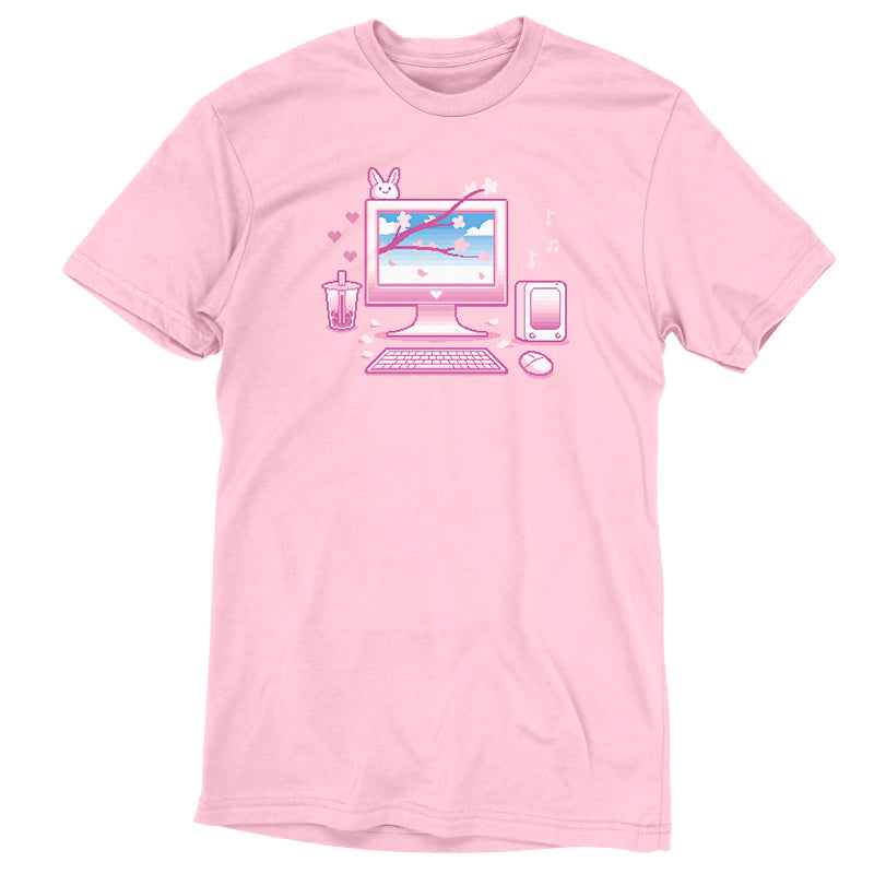 Premium Cotton T-shirt_TeeTurtle Sakura Setup pink t-shirt featuring pixel art of a desktop computer setup in pink hues. The screen displays cherry blossoms and blue sky. A bubble tea, bunny, and musical notes adorn the scene. A keyboard and mouse are positioned below.