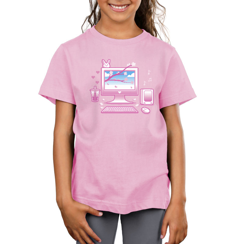 Premium Cotton T-shirt_TeeTurtle Sakura Setup pink t-shirt featuring pixel art of a desktop computer setup in pink hues. The screen displays cherry blossoms and blue sky. A bubble tea, bunny, and musical notes adorn the scene. A keyboard and mouse are positioned below.