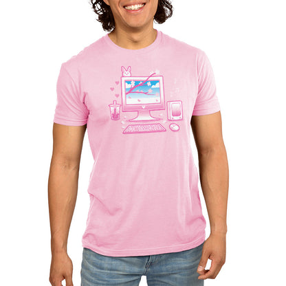 Premium Cotton T-shirt_TeeTurtle Sakura Setup pink t-shirt featuring pixel art of a desktop computer setup in pink hues. The screen displays cherry blossoms and blue sky. A bubble tea, bunny, and musical notes adorn the scene. A keyboard and mouse are positioned below.