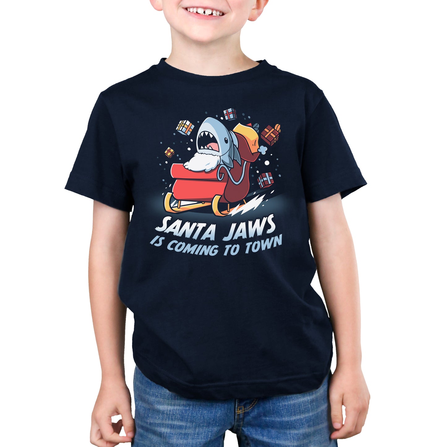 Premium Cotton T-shirt - featuring a shark sitting in a sleigh wearing a beard with presents falling out of the back