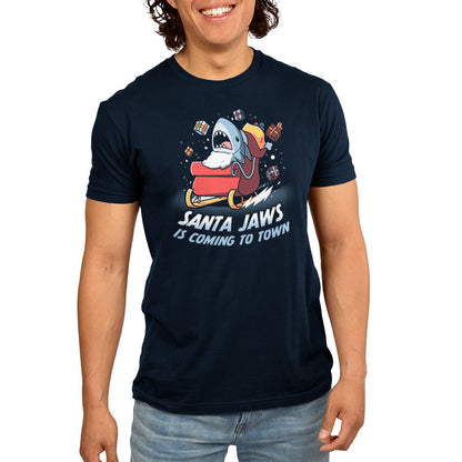 Premium Cotton T-shirt - featuring a shark sitting in a sleigh wearing a beard with presents falling out of the back