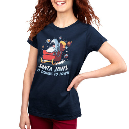 Premium Cotton T-shirt - featuring a shark sitting in a sleigh wearing a beard with presents falling out of the back