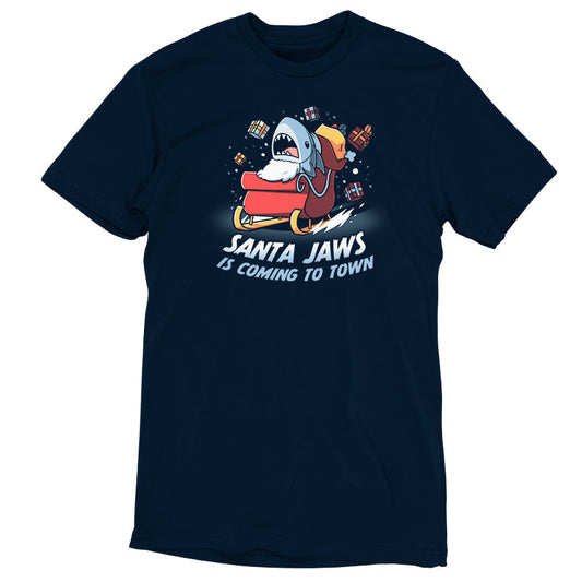 Premium Cotton T-shirt - featuring a shark sitting in a sleigh wearing a beard with presents falling out of the back