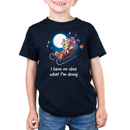 Premium Cotton T-shirt - featuring a golden dog ridding a flying sleigh under a full moon with a big smile on its face as presents fall out of the back