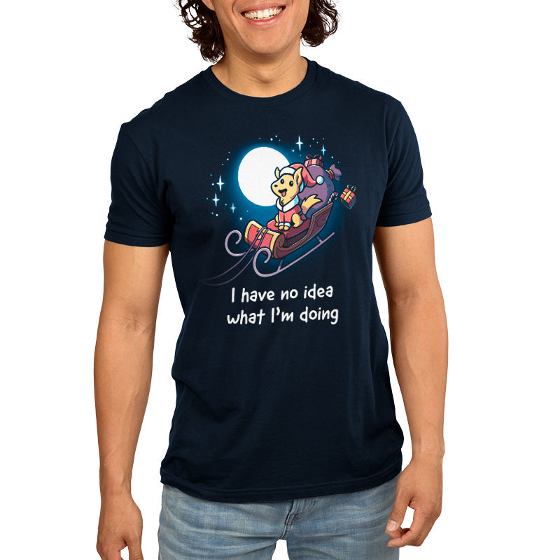 Premium Cotton T-shirt - featuring a golden dog ridding a flying sleigh under a full moon with a big smile on its face as presents fall out of the back