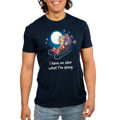 Premium Cotton T-shirt - featuring a golden dog ridding a flying sleigh under a full moon with a big smile on its face as presents fall out of the back