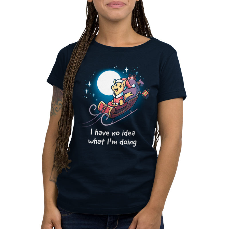 Premium Cotton T-shirt - featuring a golden dog ridding a flying sleigh under a full moon with a big smile on its face as presents fall out of the back