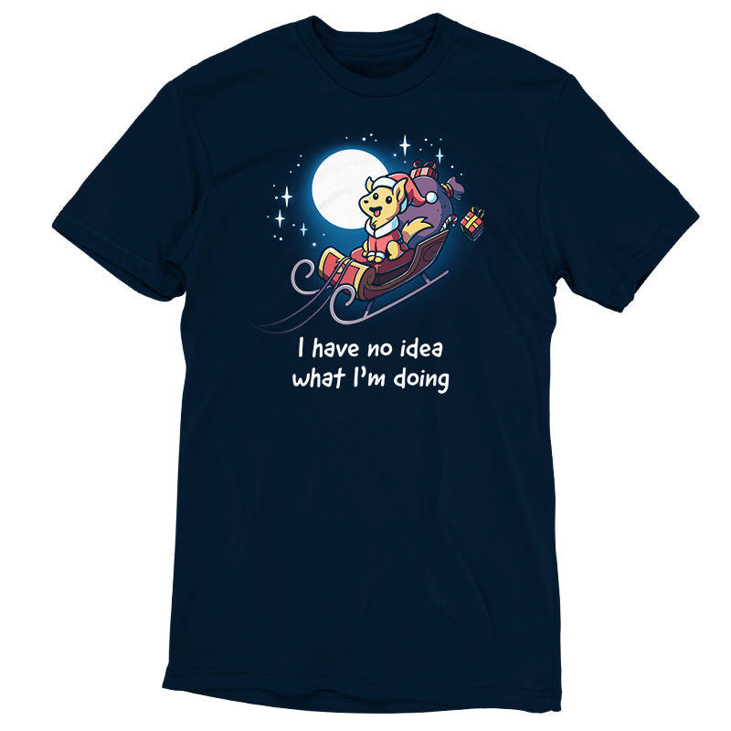 Premium Cotton T-shirt - featuring a golden dog ridding a flying sleigh under a full moon with a big smile on its face as presents fall out of the back