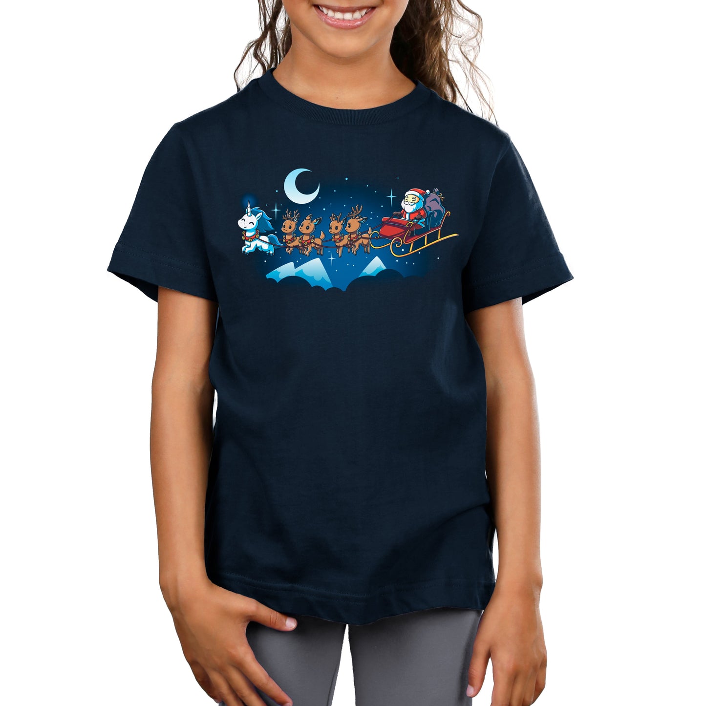 Premium Cotton T-shirt - Santa Claus and his reindeer zoom across the night sky in a navy blue sleigh, spreading holiday cheer. Whether printed on a apparel or depicted as Santa's Favorite Unicorn by TeeTurtle, this whimsical scene captures the.