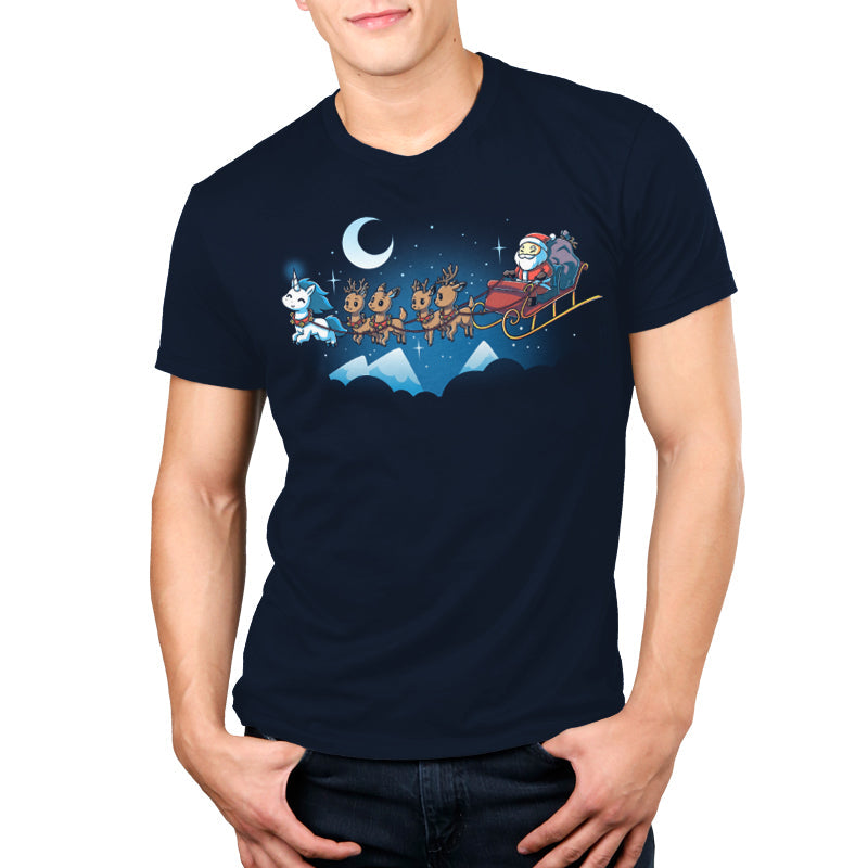 Premium Cotton T-shirt - Santa Claus and his reindeer zoom across the night sky in a navy blue sleigh, spreading holiday cheer. Whether printed on a apparel or depicted as Santa's Favorite Unicorn by TeeTurtle, this whimsical scene captures the.