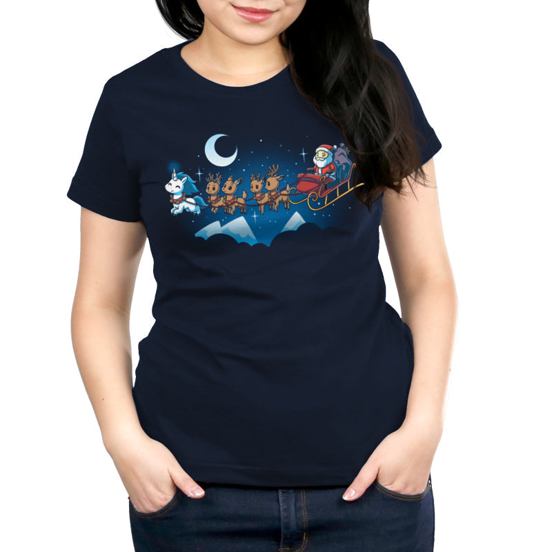 Premium Cotton T-shirt - Santa Claus and his reindeer zoom across the night sky in a navy blue sleigh, spreading holiday cheer. Whether printed on a apparel or depicted as Santa's Favorite Unicorn by TeeTurtle, this whimsical scene captures the.