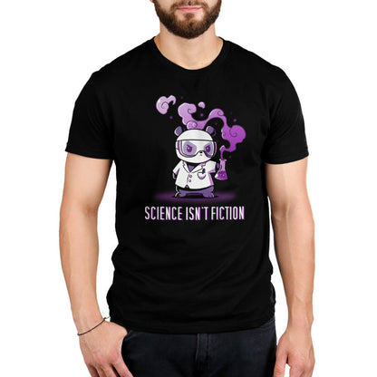 Premium Cotton T-shirt_Teeturtle Science Isn't Fiction Black Featuring a Panda in a labcoat and safety goggles holding a bubbling, smoking beaker with the words 'Science Isn't Fiction' beneath.