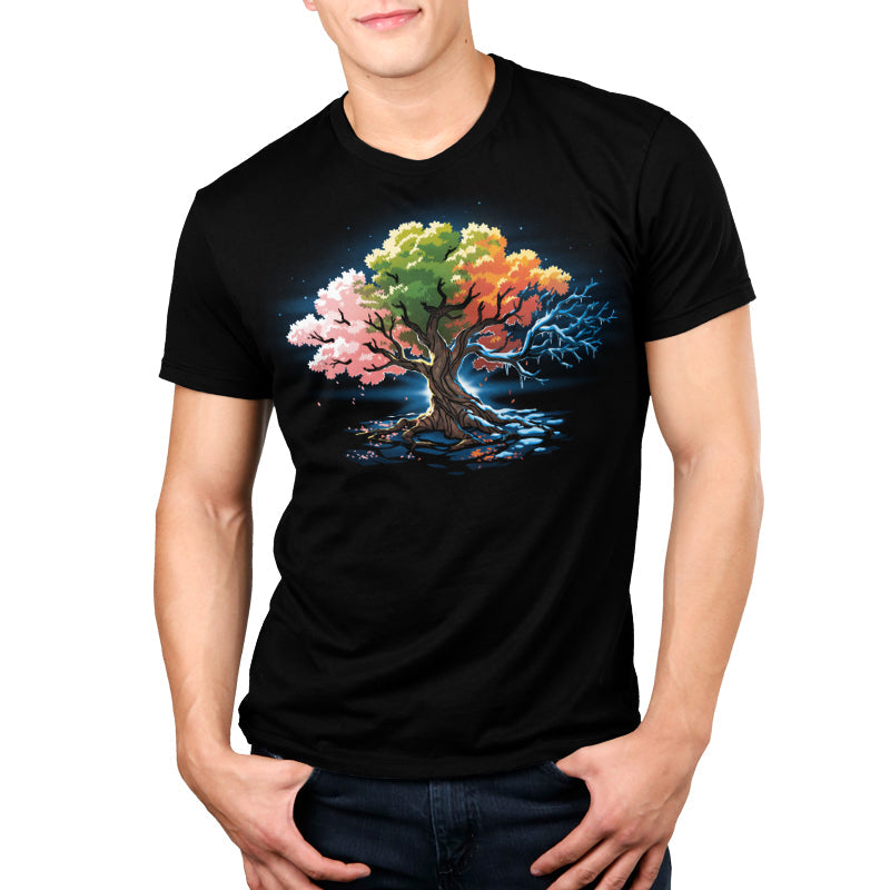 Premium Cotton T-shirt - featuring a tree with all four seasons represented in its leaves. One fourth has pink leaves, one fourth has green, one fourth has orange, and the last bit is has frozen branches