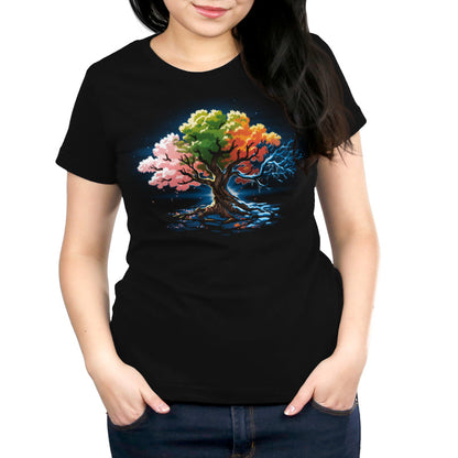 Premium Cotton T-shirt - featuring a tree with all four seasons represented in its leaves. One fourth has pink leaves, one fourth has green, one fourth has orange, and the last bit is has frozen branches