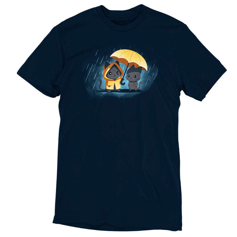 Premium Cotton T-shirt - Navy blue Unisex apparelwith an illustration of two dogs: one wearing a yellow raincoat, the other holding a yellow umbrella, both standing in the rain. Made from 100% Super Soft Ringspun Cotton for ultimate comfort. Introducing the Sharing Kindness by monsterdigital.