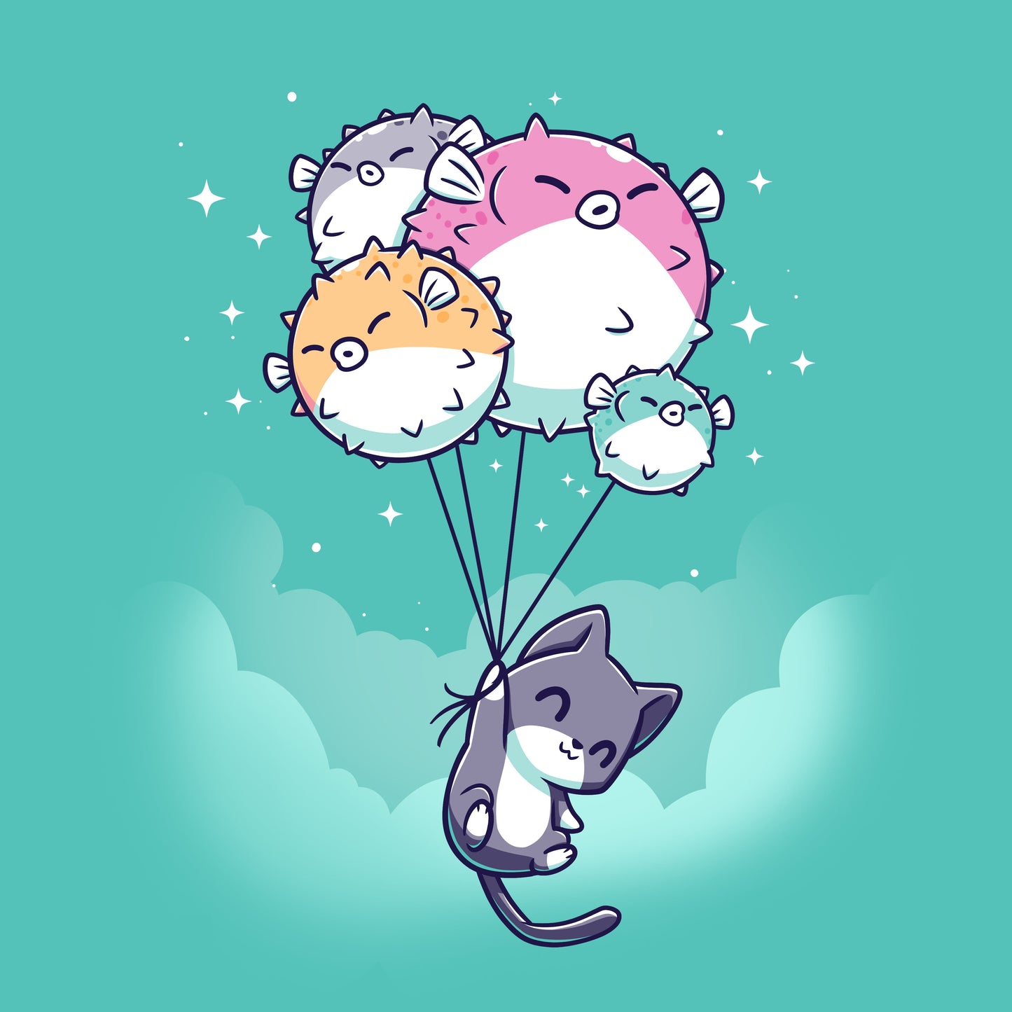 Premium Cotton T-shirt_TeeTurtle Sky High caribbean blue t-shirt featuring a cat holding onto strings attached to five pufferfish balloons floating against a turquoise sky.