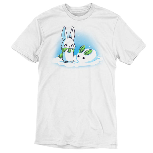 Premium Cotton T-shirt_TeeTurtle Snow Bunnies white t-shirt featuring a smiley white bunny out in the snow wearing a green scarf with a little snowbunny with green leaves as years right next to them