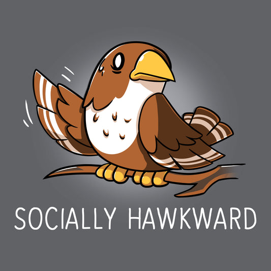 Premium Cotton T-shirt_Teeturtle Socially Hawkward Charcoal Gray Featuring a Hawk sitting on a branch looking nervous as it waves its wing awkwardly.