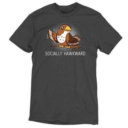 Premium Cotton T-shirt_Teeturtle Socially Hawkward Charcoal Gray Featuring a Hawk sitting on a branch looking nervous as it waves its wing awkwardly.