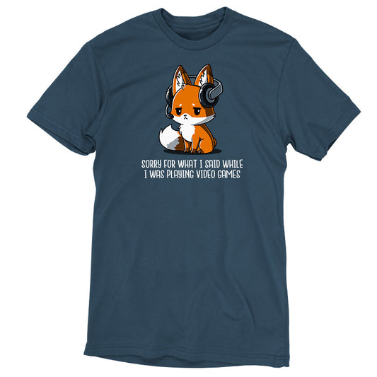 Premium Cotton T-shirt_Teeturtle Sorry For What I Said denim t-shirt featuring a fox wearing a headset looking apologetic with the text 