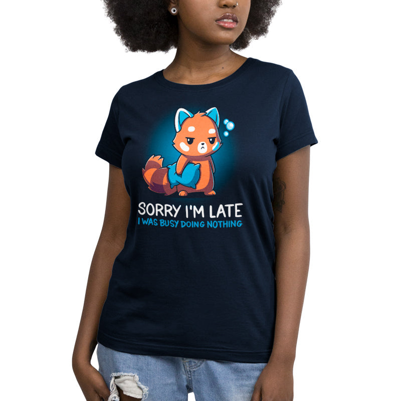 Premium Cotton T-shirt_TeeTurtle Sorry I'm Late navy blue t-shirt featuring a sarcastic red panda holding a pillow looking tired.