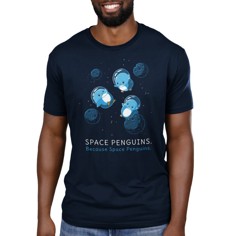 Premium Cotton T-shirt - featuring three cute little blue penguins in space helmets floating in space