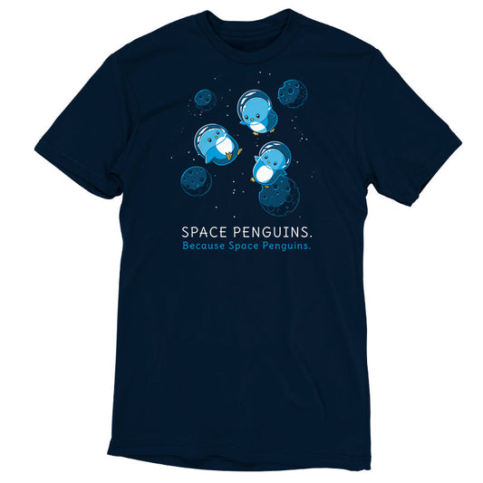 Premium Cotton T-shirt - featuring three cute little blue penguins in space helmets floating in space