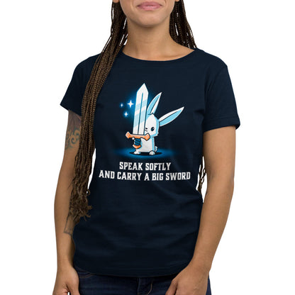 Premium Cotton T-shirt_Teeturtle Speak Softly and Carry a Big Sword Navy Blue Featuring a white rabbit holding a very big sword in its forepaws with 'Speak Softly and Carry a Big Sword' written beneath.