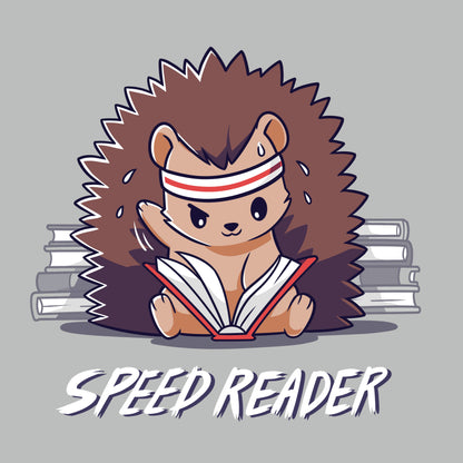 Premium Cotton T-shirt_Teeturtle Speed Reader silver gray t-shirt featuring a sweating hedgehog in a sweatband rapidly reading books with the words 'Speed Reader' below.