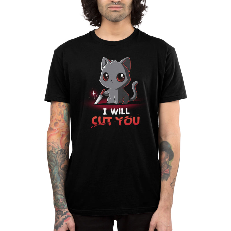 Premium Cotton T-shirt_TeeTurtle Stabby The Kitty black t-shirt featuring a grey cat holding a small knife with text that reads "I Will Cut You."