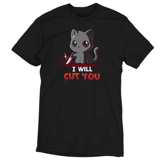 Premium Cotton T-shirt_TeeTurtle Stabby The Kitty black t-shirt featuring a grey cat holding a small knife with text that reads 