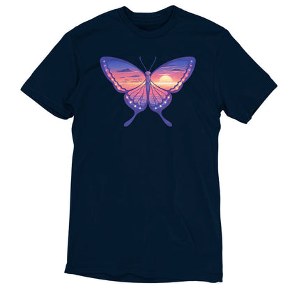 Premium Cotton T-shirt_TeeTurtle navy blue Sunset Butterfly. Featuring a butterfly with a sunset ocean landscape on its wings.