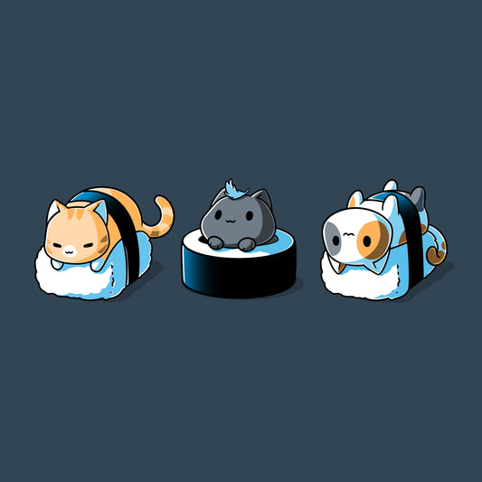 Premium Cotton T-shirt_Teeturtle Sushi Cats denim t-shirt featuring three  cats styled as sushi: the left cat wrapped in seaweed on rice, the middle cat atop a rice and seaweed base, and the right cat wrapped in seaweed on rice.