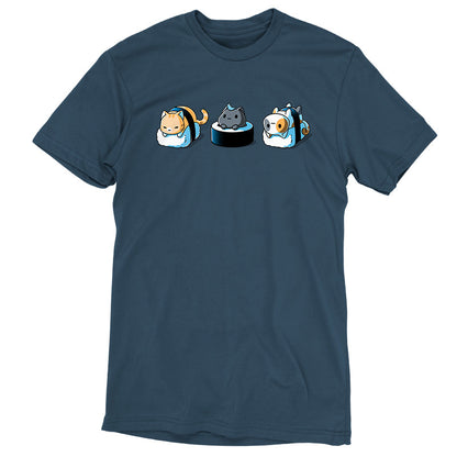 Premium Cotton T-shirt_Teeturtle Sushi Cats denim t-shirt featuring three  cats styled as sushi: the left cat wrapped in seaweed on rice, the middle cat atop a rice and seaweed base, and the right cat wrapped in seaweed on rice.