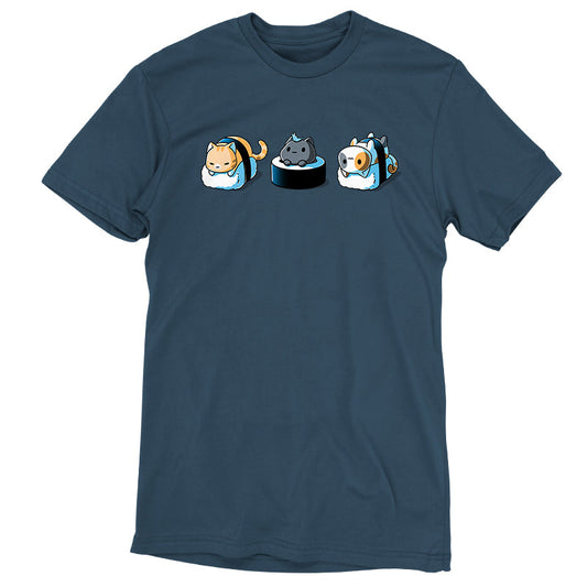 Premium Cotton T-shirt_Teeturtle Sushi Cats denim t-shirt featuring three  cats styled as sushi: the left cat wrapped in seaweed on rice, the middle cat atop a rice and seaweed base, and the right cat wrapped in seaweed on rice.