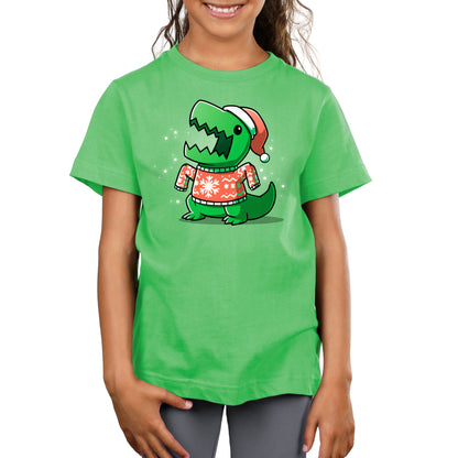 Premium Cotton T-shirt - A TeeTurtle T-Rex Christmas Sweater donning a Santa hat on an Ugly Christmas Sweatersaurus.