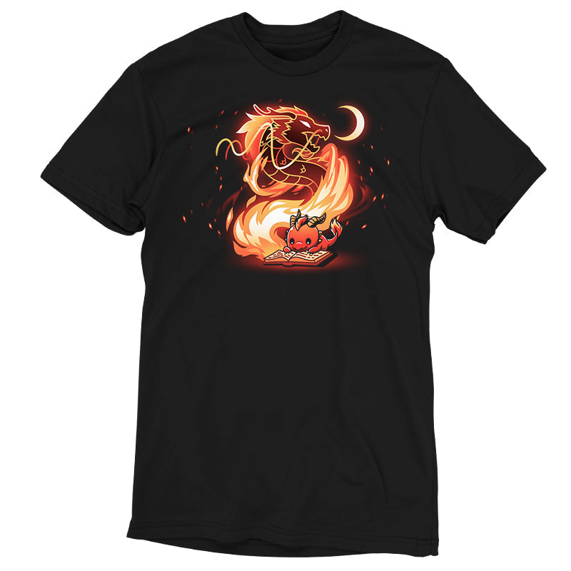 Premium Cotton T-shirt_TeeTurtle Tale Of Scales black t-shirt featuring an illustration of a little red dragon reading a book that has a large, fiery dragon swirling in flames coming out from the book and a small crescent moon in the top right corner near the large dragon's head.