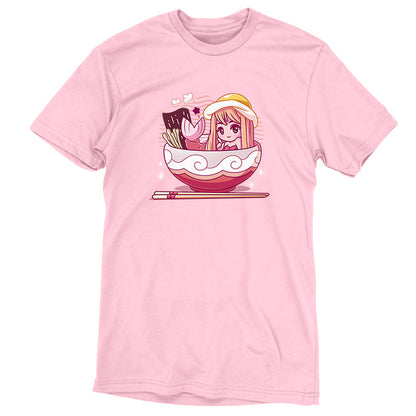 Premium Cotton T-shirt_TeeTurtle pink Tempura Mermaid. Featuring a mermaid with a tempura tail in a ramen bowl.