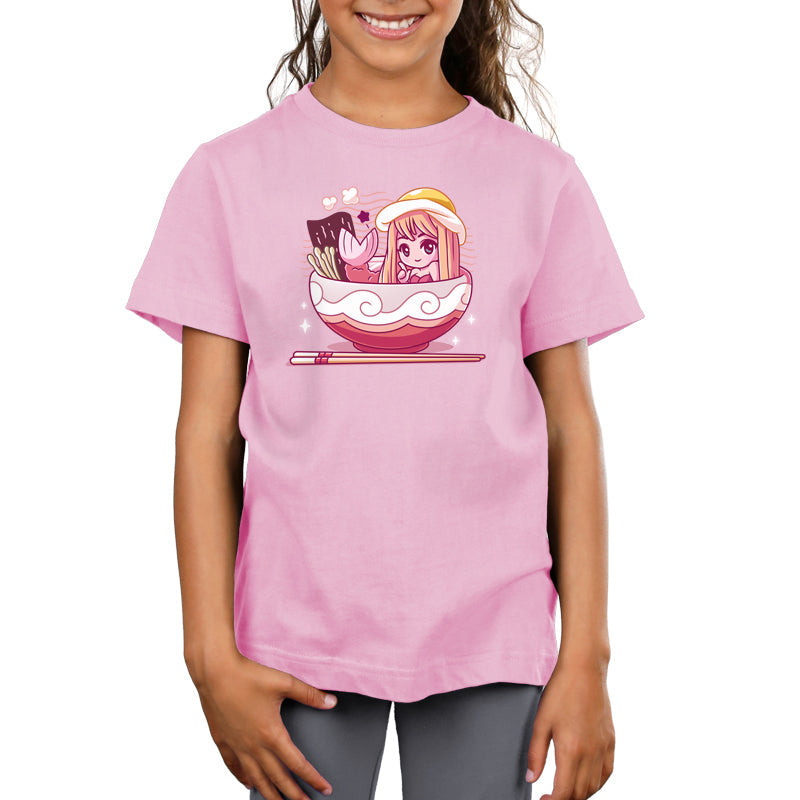 Premium Cotton T-shirt_TeeTurtle pink Tempura Mermaid. Featuring a mermaid with a tempura tail in a ramen bowl.