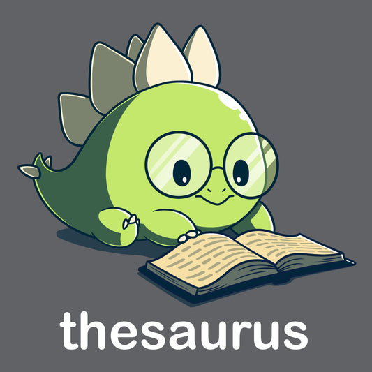 Premium Cotton T-shirt_Teeturtle Thesaurus charcoal gray t-shirt featuring a cute green dinosaur with glasses reading an open book. Below it, the word 